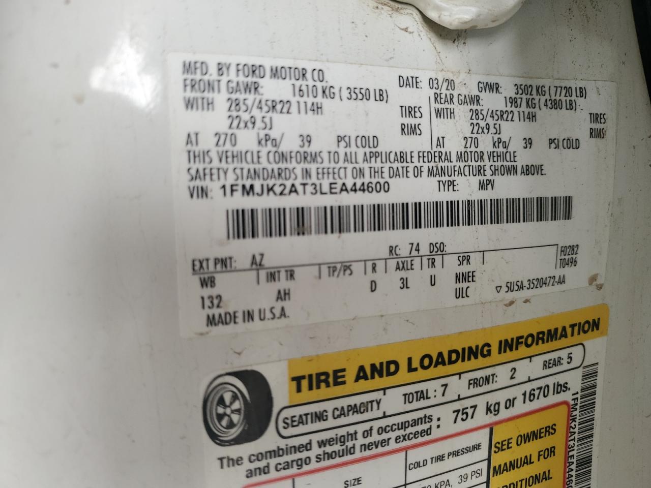 2020 Ford Expedition Max Limited VIN: 1FMJK2AT3LEA44600 Lot: 93333195