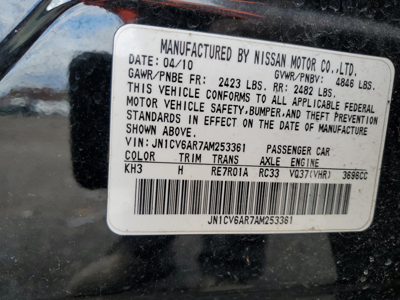 2010 Infiniti G37 VIN: JN1CV6AR7AM253361 Lot: 92231785