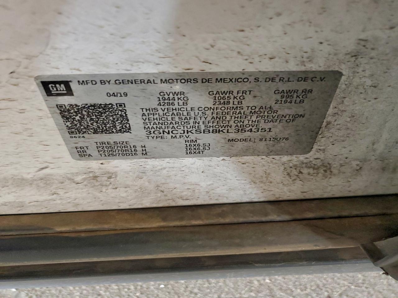 2019 Chevrolet Trax Ls VIN: 3GNCJKSB8KL354351 Lot: 94143085