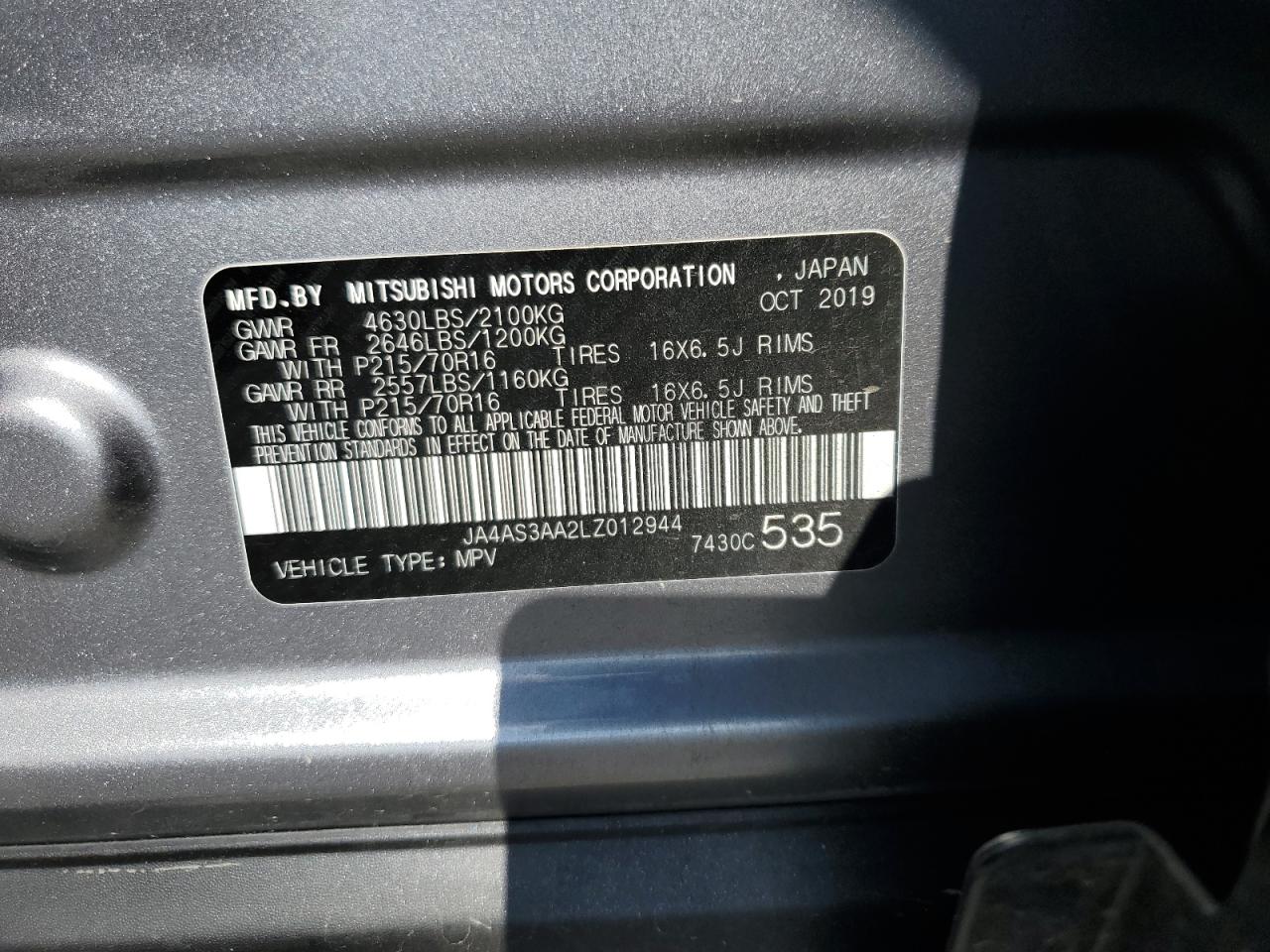 2020 Mitsubishi Eclipse Cross Es VIN: JA4AS3AA2LZ012944 Lot: 92565625