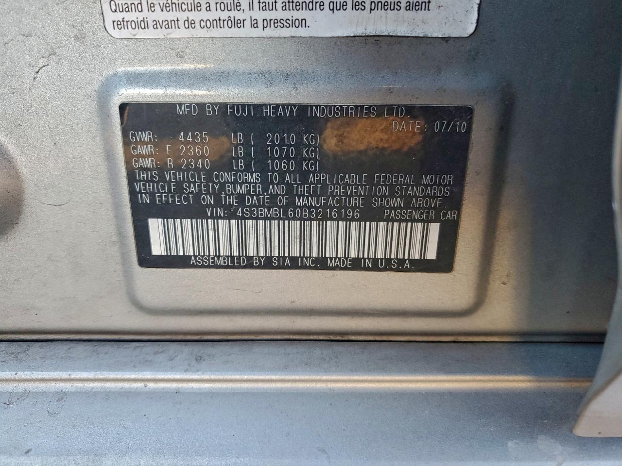 2011 Subaru Legacy 2.5I Limited VIN: 4S3BMBL60B3216196 Lot: 94326485