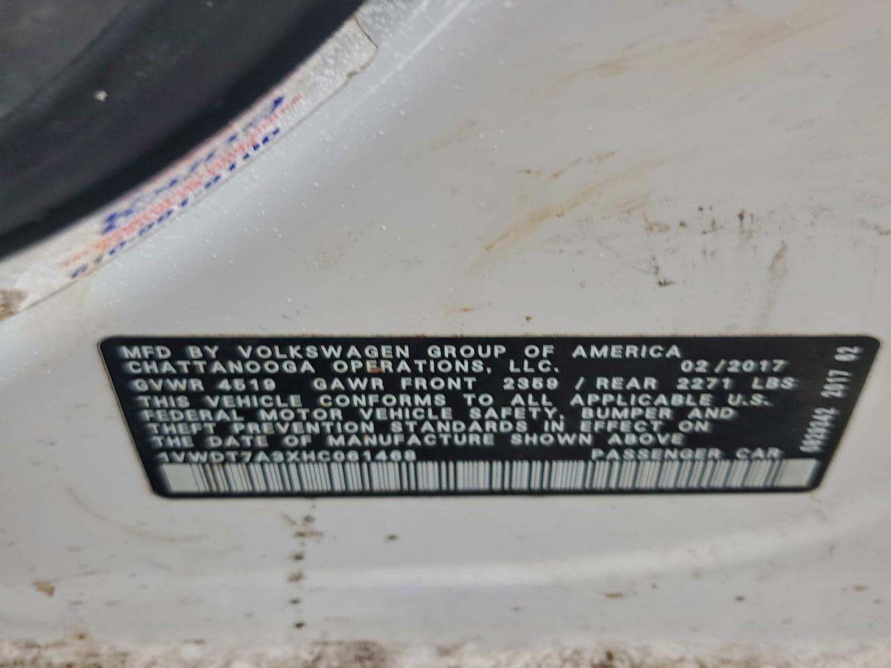 2017 Volkswagen Passat R-Line VIN: 1VWDT7A3XHC061468 Lot: 93770985
