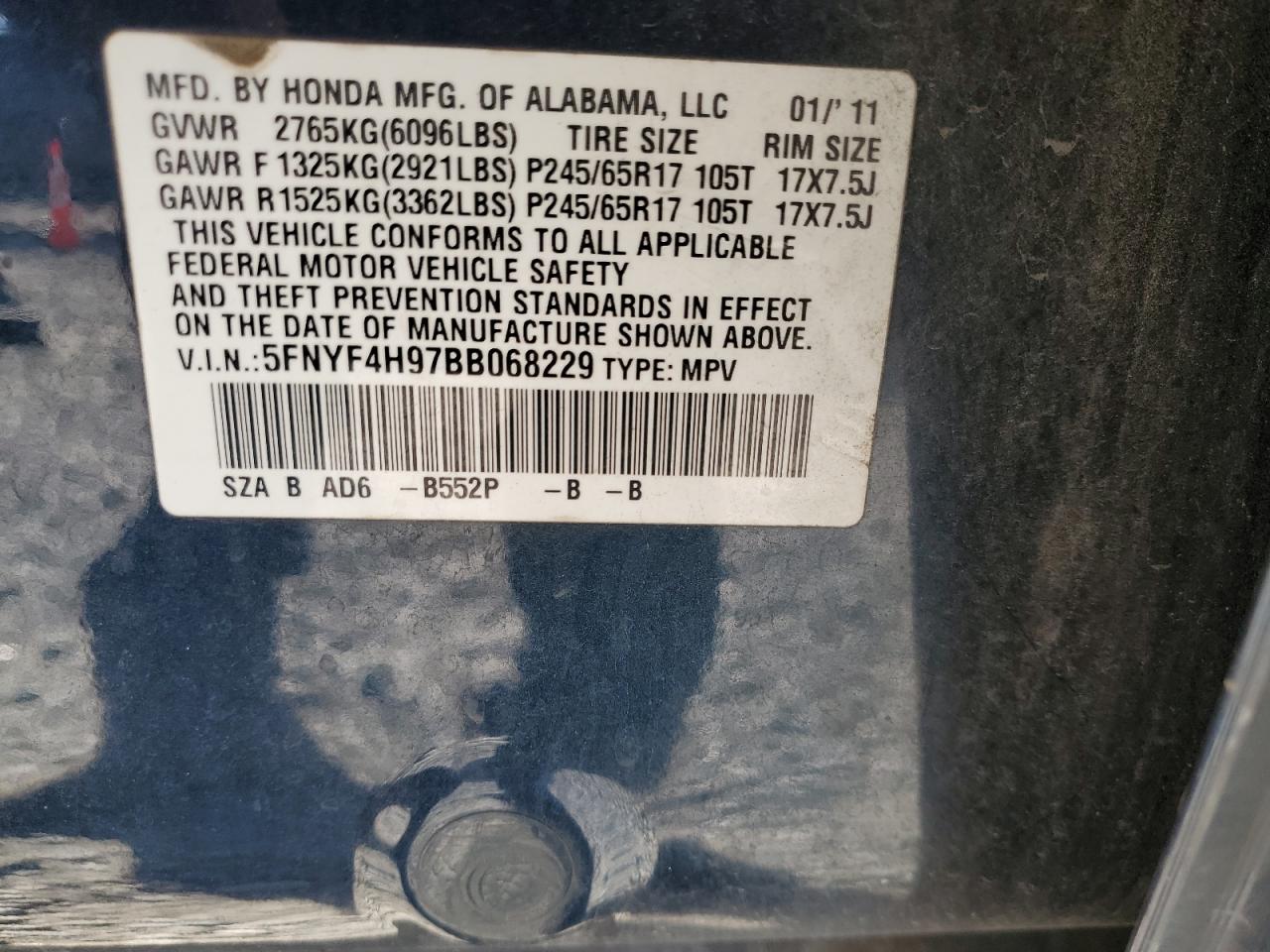 2011 Honda Pilot Touring VIN: 5FNYF4H97BB068229 Lot: 92261965