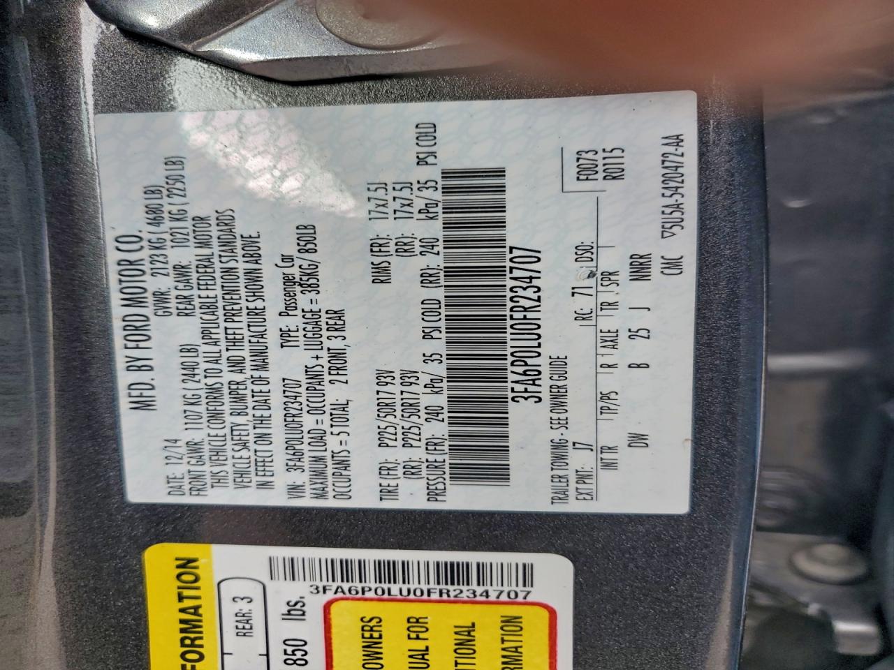 2015 Ford Fusion Se Hybrid VIN: 3FA6P0LU0FR234707 Lot: 93840635