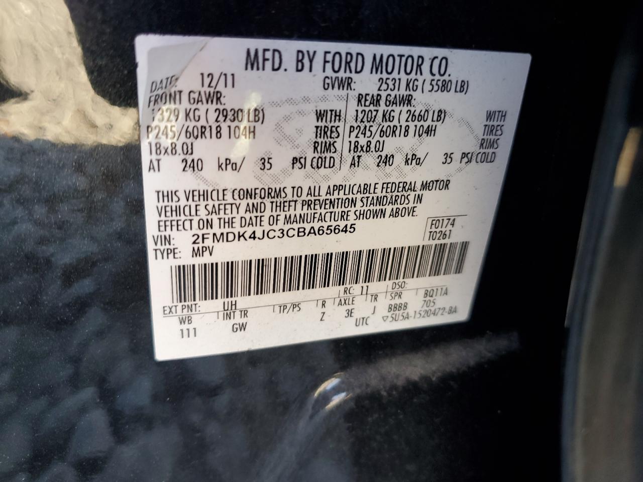 2012 Ford Edge Sel VIN: 2FMDK4JC3CBA65645 Lot: 92791455