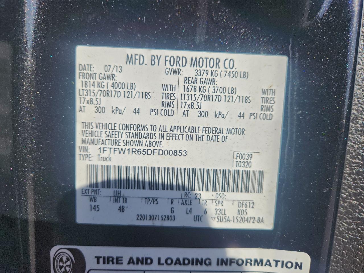 2013 Ford F150 Svt Raptor VIN: 1FTFW1R65DFD00853 Lot: 91227615