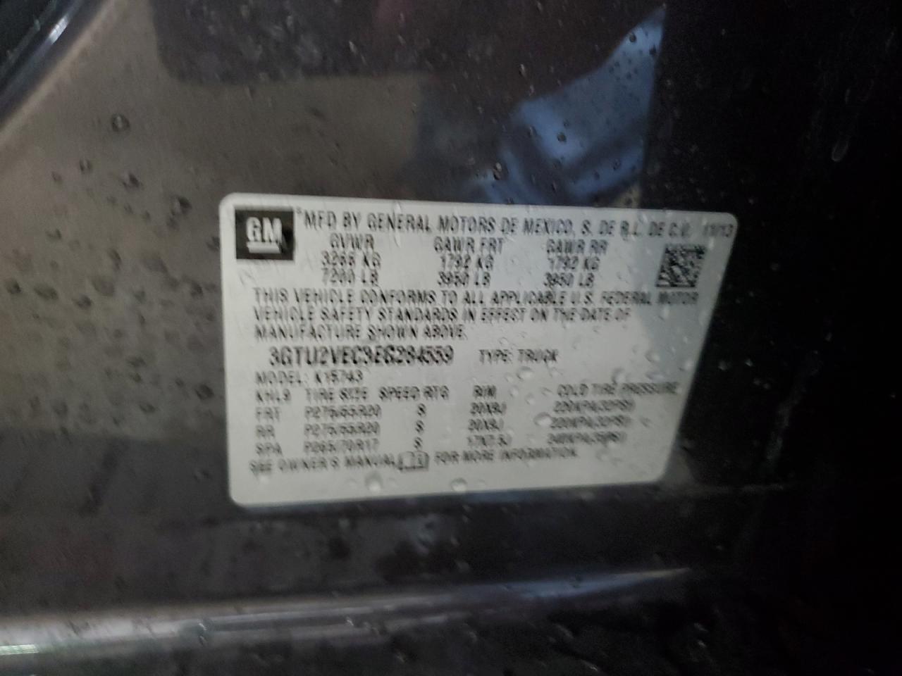 2014 GMC Sierra K1500 Slt VIN: 3GTU2VEC3EG284559 Lot: 93330145