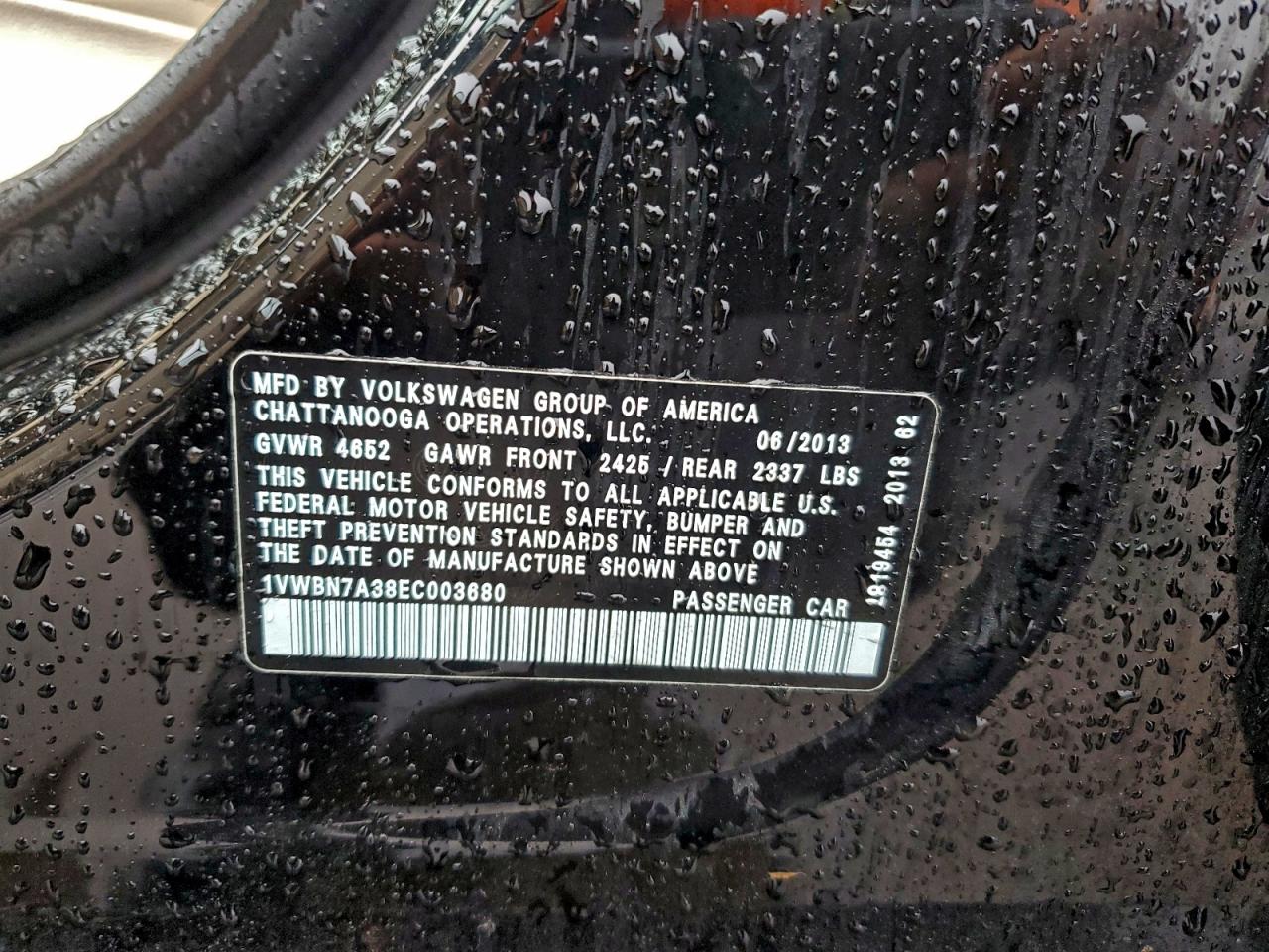 2014 Volkswagen Passat Se VIN: 1VWBN7A38EC003680 Lot: 93627285