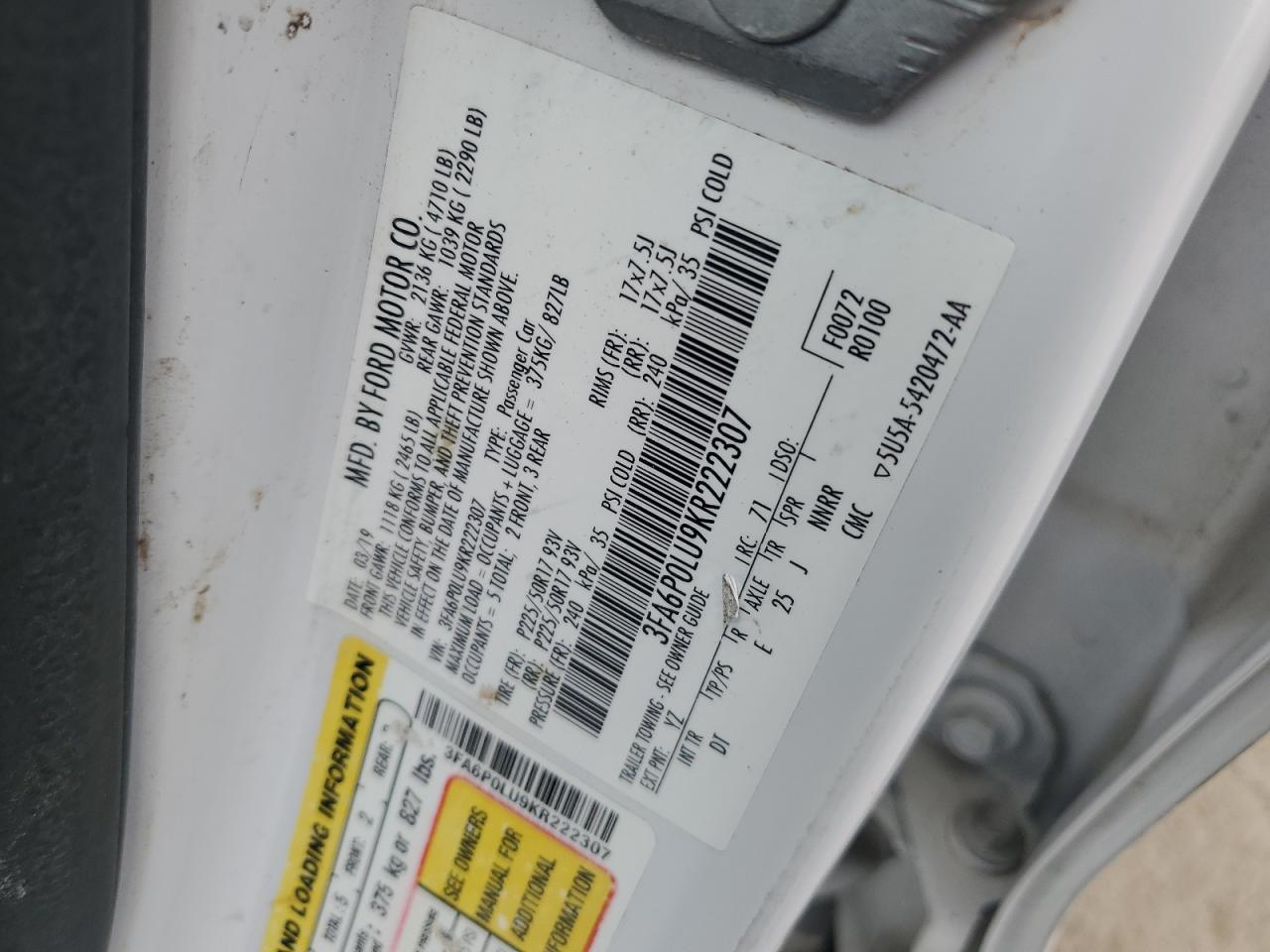 2019 Ford Fusion Se VIN: 3FA6P0LU9KR222307 Lot: 93561765