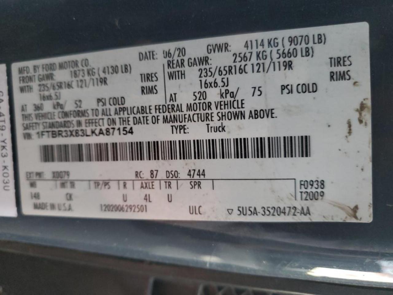 2020 Ford Transit T-250 Delivery Van VIN: 1FTBR3X83LKA87154 Lot: 87412735