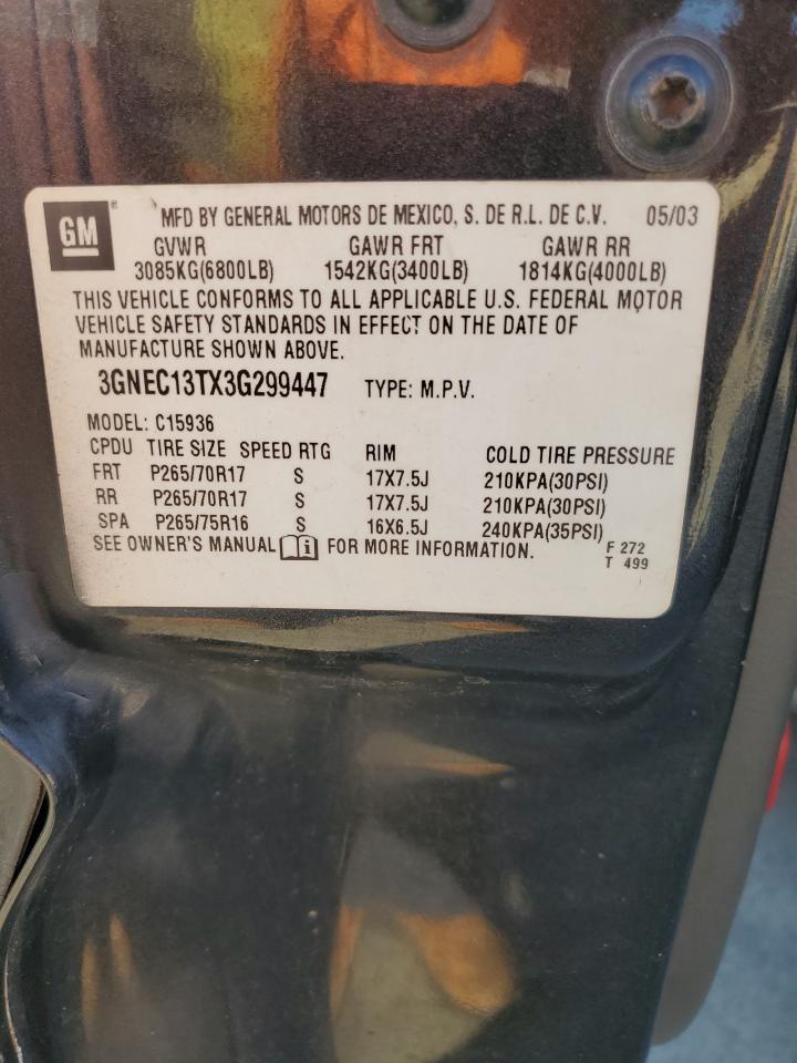 2003 Chevrolet Avalanche C1500 VIN: 3GNEC13TX3G299447 Lot: 91468115