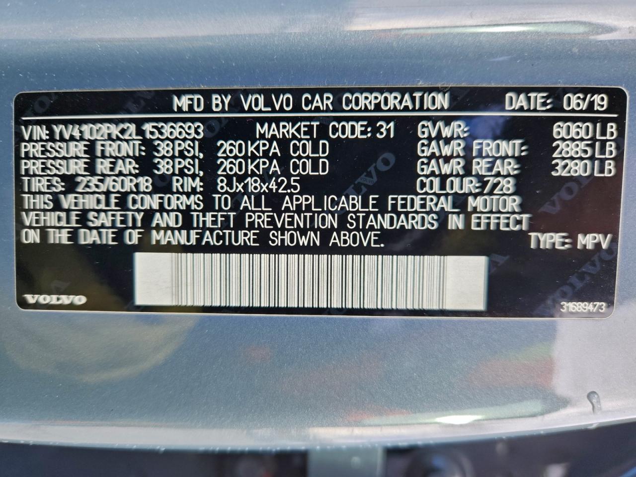 2020 Volvo Xc90 T5 Momentum VIN: YV4102PK2L1536693 Lot: 94407875