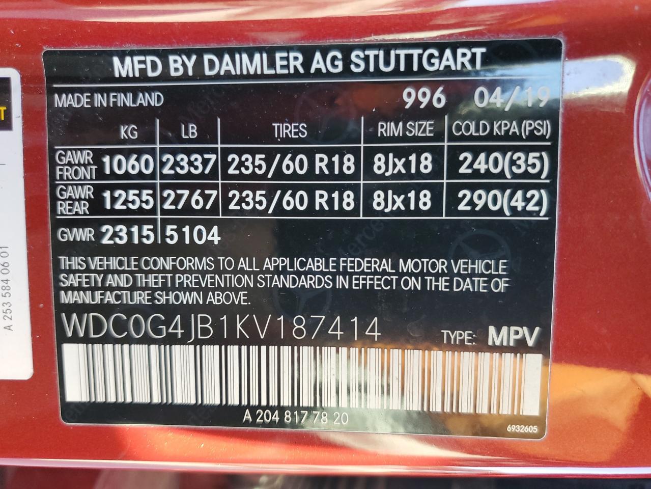 2019 Mercedes-Benz Glc 300 VIN: WDC0G4JB1KV187414 Lot: 91342935