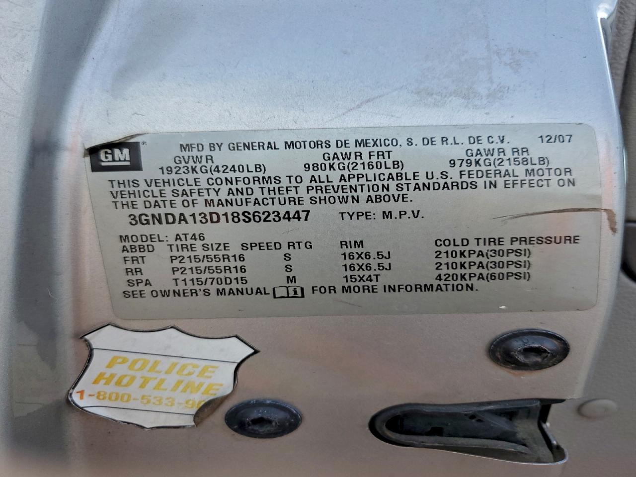 2008 Chevrolet Hhr Ls VIN: 3GNDA13D18S623447 Lot: 94097165