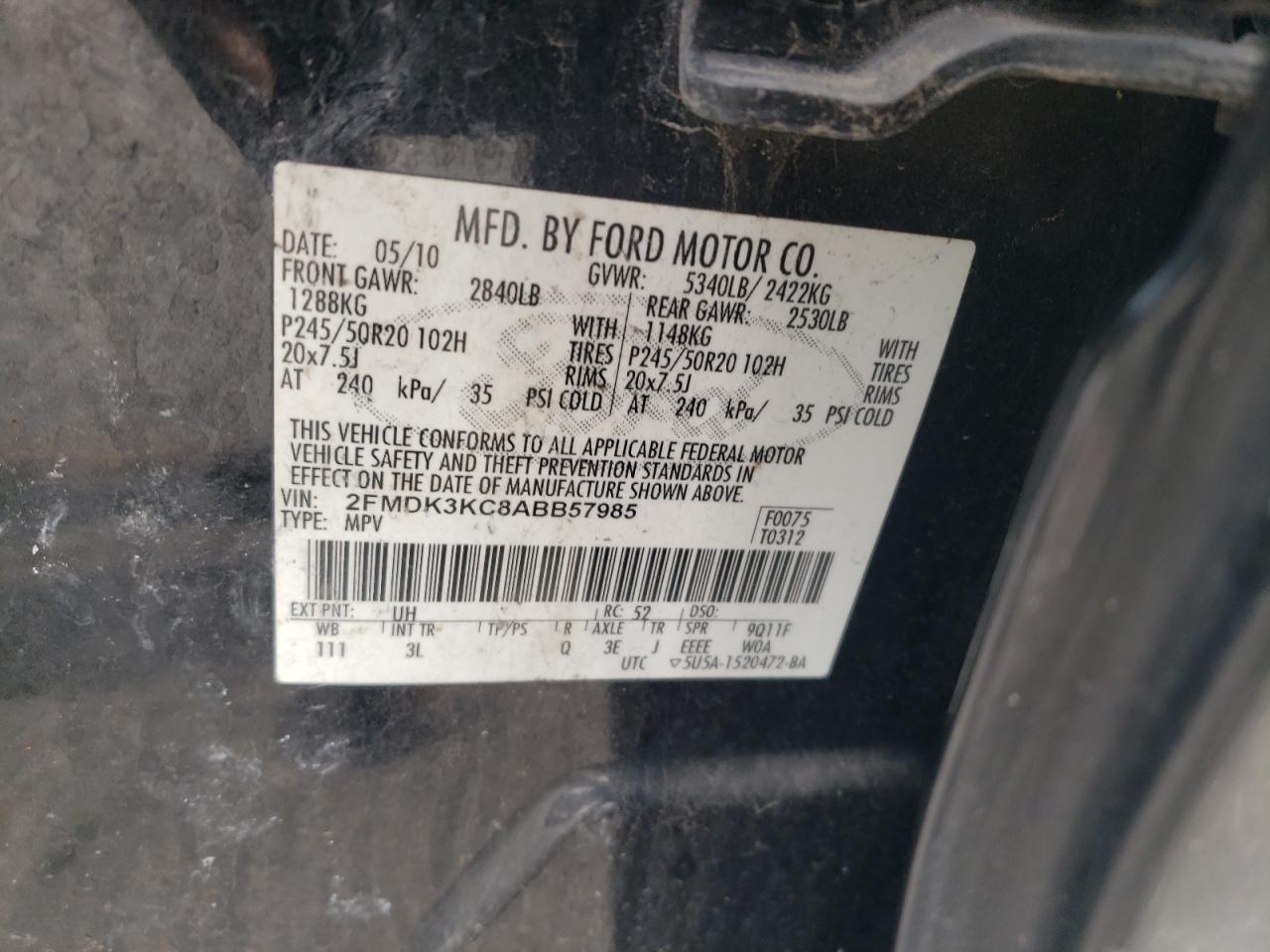 2010 Ford Edge Limited VIN: 2FMDK3KC8ABB57985 Lot: 92176675