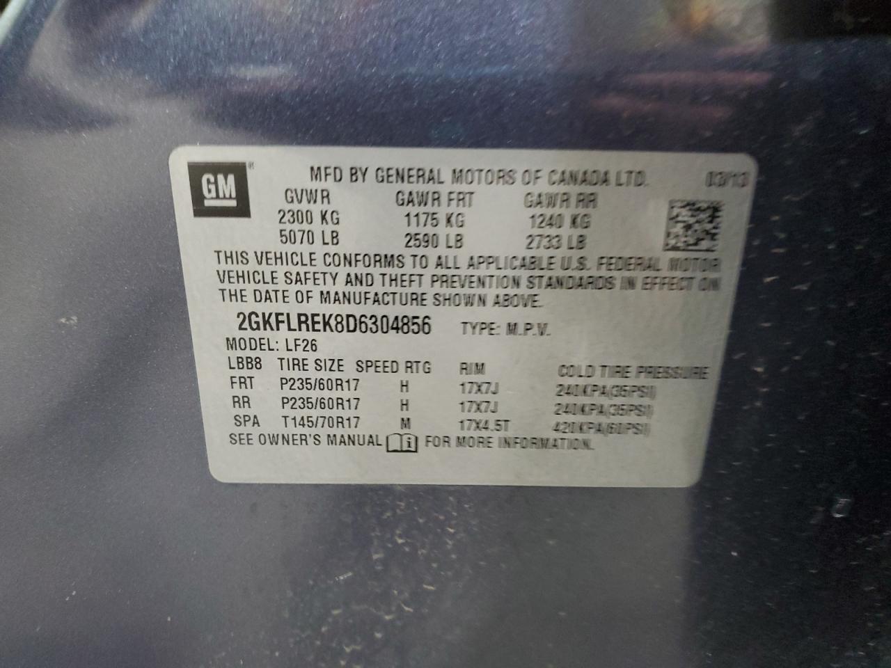 2013 GMC Terrain Sle VIN: 2GKFLREK8D6304856 Lot: 94024065