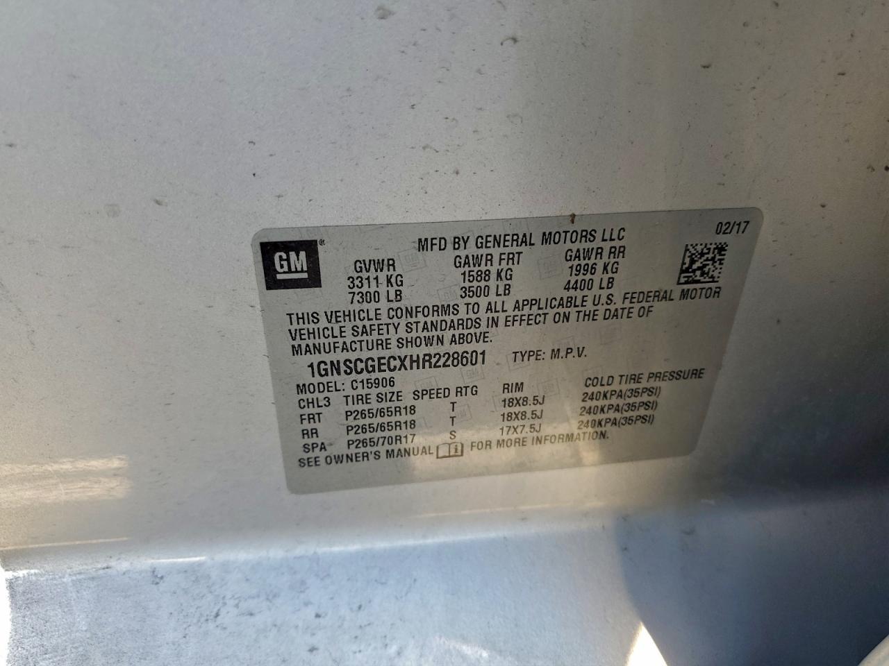 2017 Chevrolet Suburban C1500 Ls VIN: 1GNSCGECXHR228601 Lot: 93868315