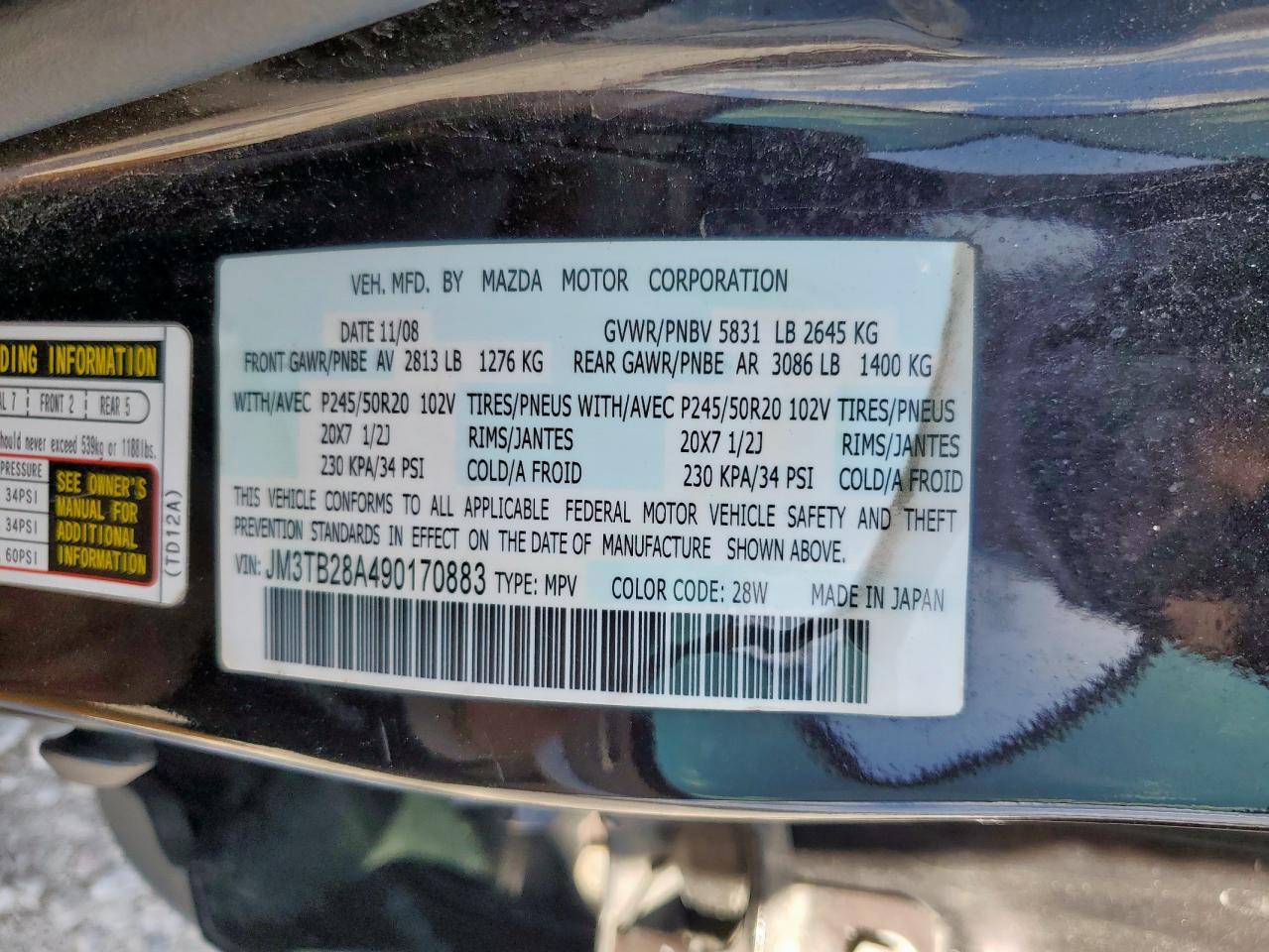 2009 Mazda Cx-9 VIN: JM3TB28A490170883 Lot: 92331525