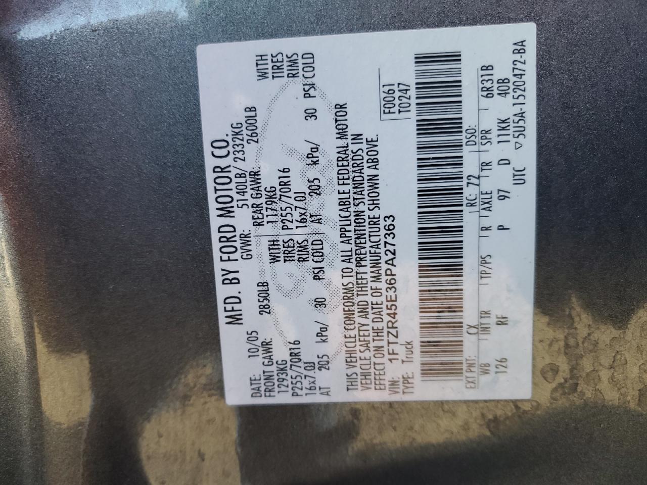 2006 Ford Ranger Super Cab VIN: 1FTZR45E36PA27363 Lot: 92900265