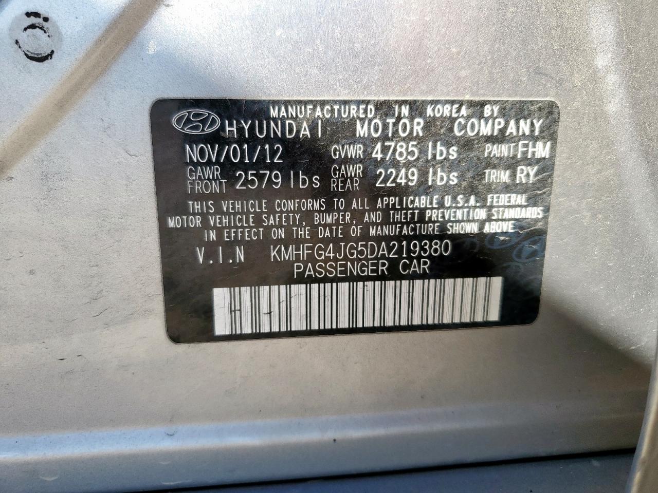 2013 Hyundai Azera VIN: KMHFG4JG5DA219380 Lot: 91286705