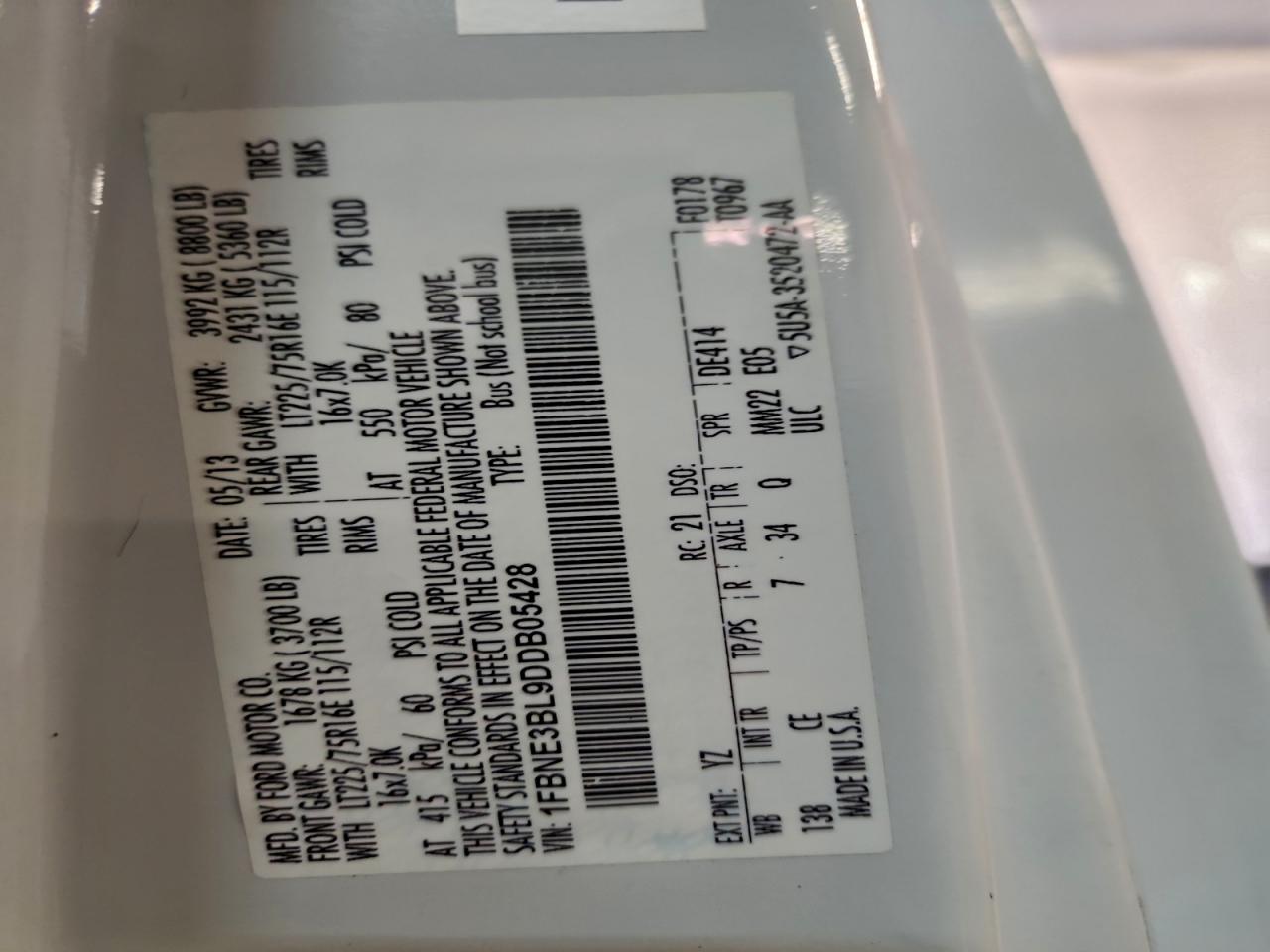 2013 Ford Econoline E350 Super Duty Wagon VIN: 1FBNE3BL9DDB05428 Lot: 92719665