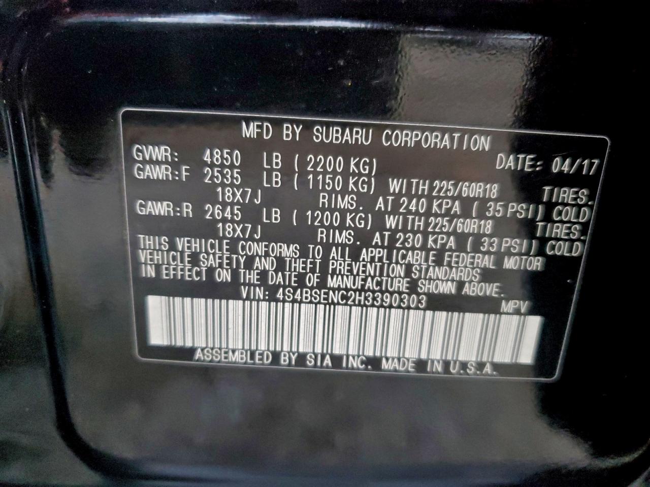 2017 Subaru Outback 3.6R Limited VIN: 4S4BSENC2H3390303 Lot: 93556315