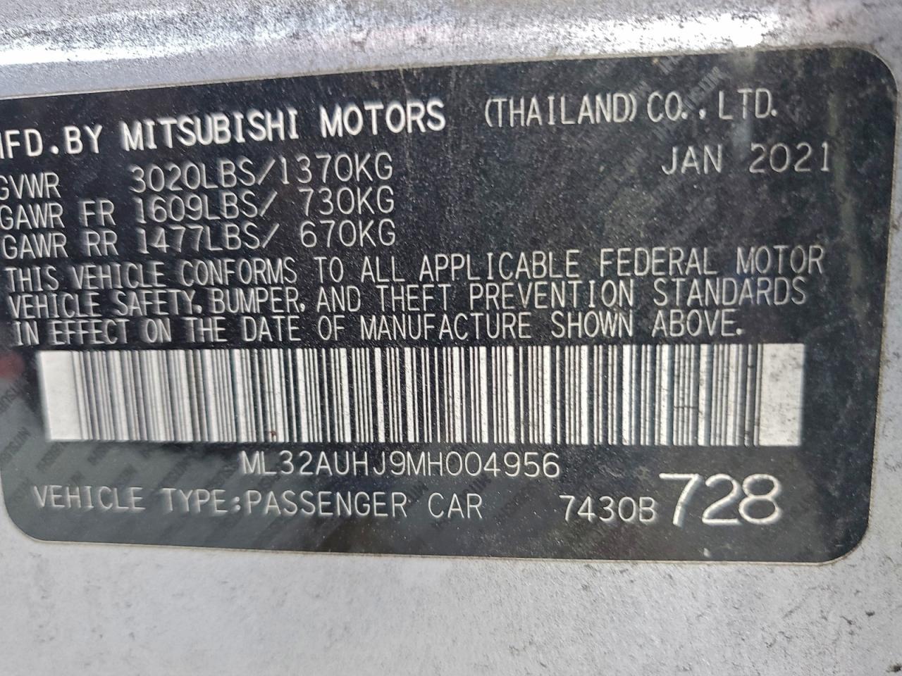 2021 Mitsubishi Mirage Es VIN: ML32AUHJ9MH004956 Lot: 91103995