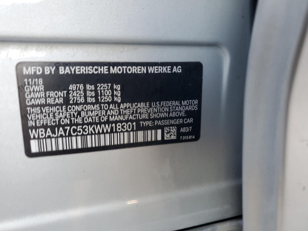 2019 BMW 530 Xi VIN: WBAJA7C53KWW18301 Lot: 92896775