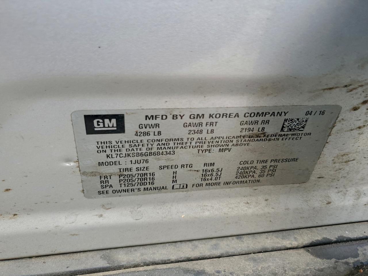 2016 Chevrolet Trax Ls VIN: KL7CJKSB6GB684343 Lot: 94127185