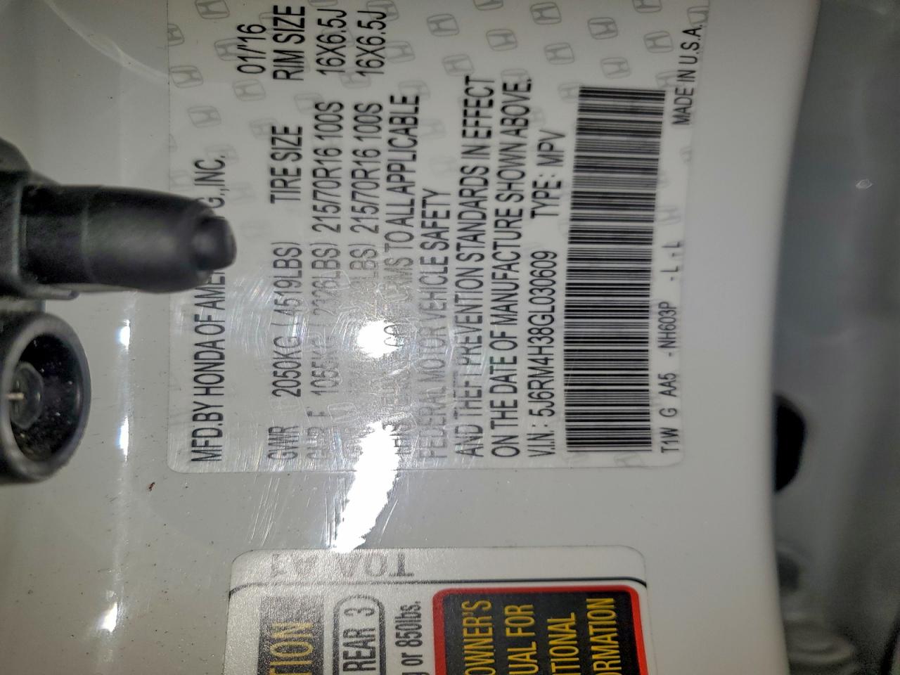 2016 Honda Cr-V Lx VIN: 030609 Lot: 95050905