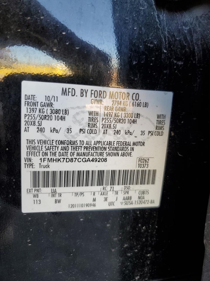 2012 Ford Explorer Xlt VIN: 1FMHK7D87CGA49208 Lot: 91022545