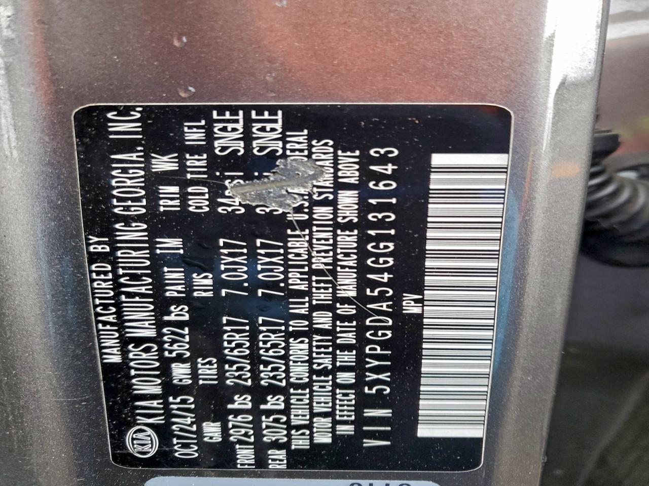 2016 Kia Sorento Lx VIN: 5XYPGDA54GG131643 Lot: 94421425