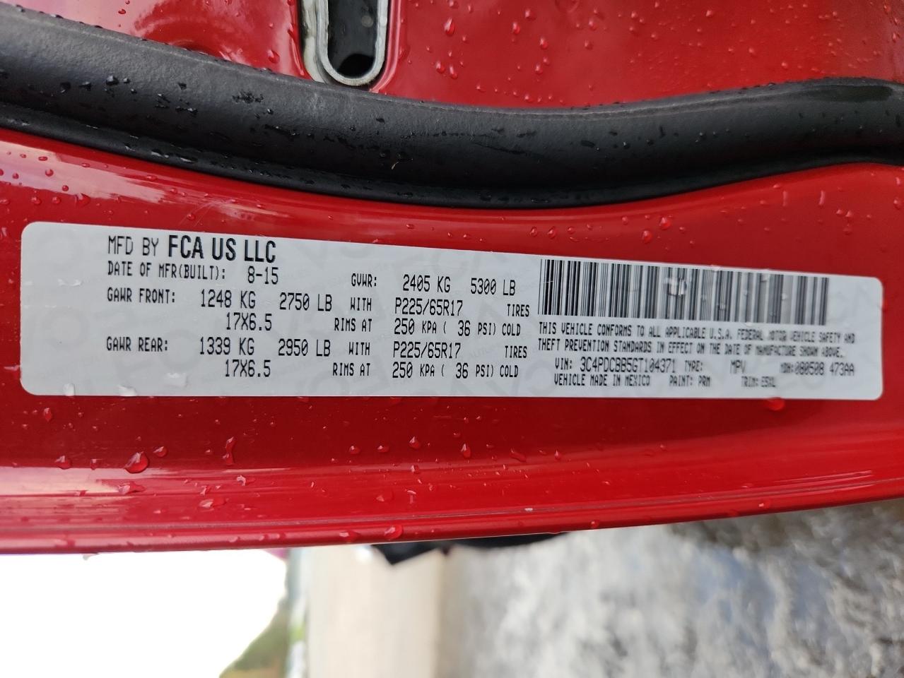 2016 Dodge Journey Sxt VIN: 3C4PDCBB5GT104371 Lot: 93557745