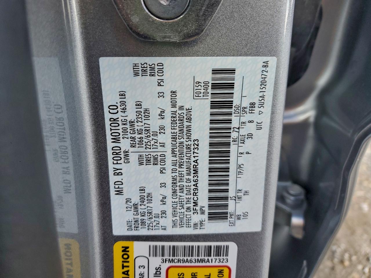 2021 Ford Bronco Sport VIN: 3FMCR9A63MRA17323 Lot: 93468855