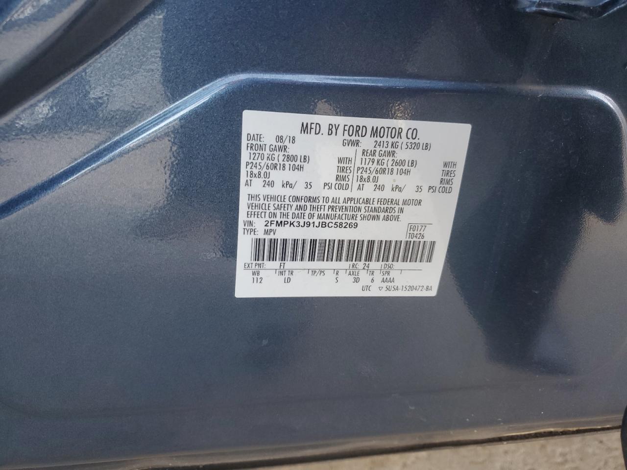 2018 Ford Edge Sel VIN: 2FMPK3J91JBC58269 Lot: 91980765