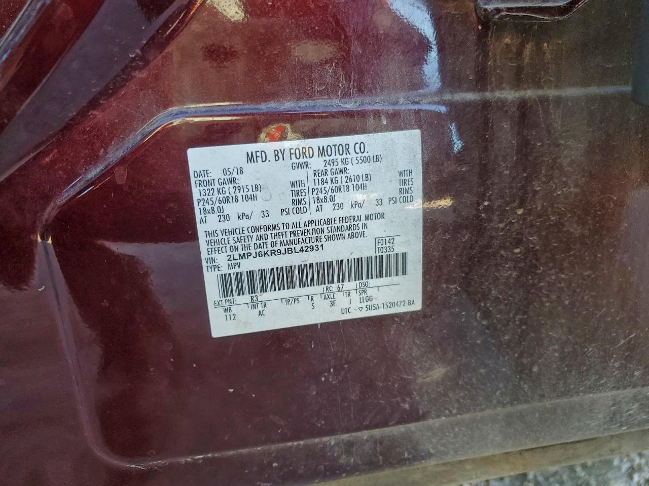 2018 Lincoln Mkx Select VIN: 2LMPJ6KR9JBL42931 Lot: 94196765