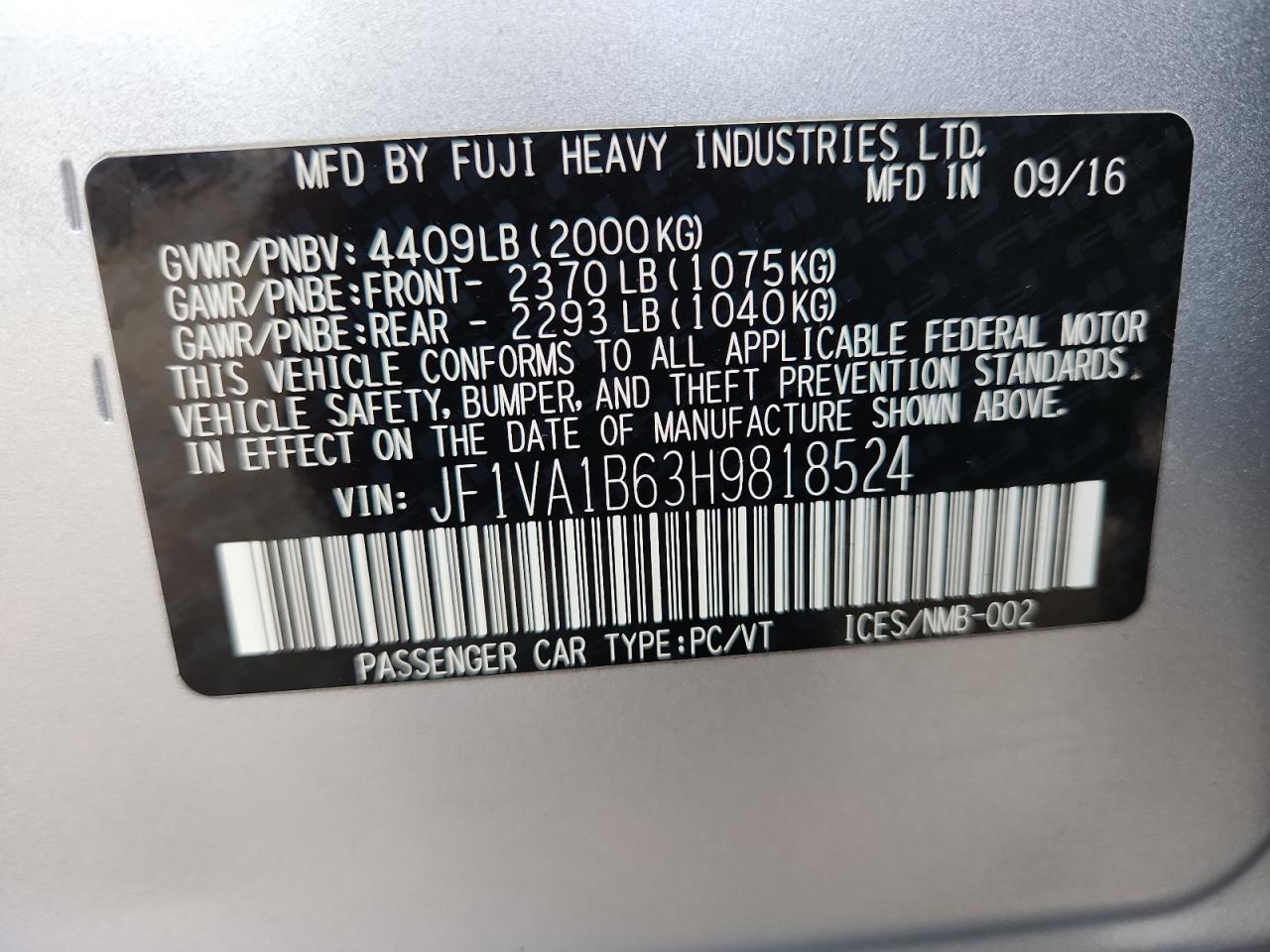 2017 Subaru Wrx VIN: JF1VA1B63H9818524 Lot: 93346575