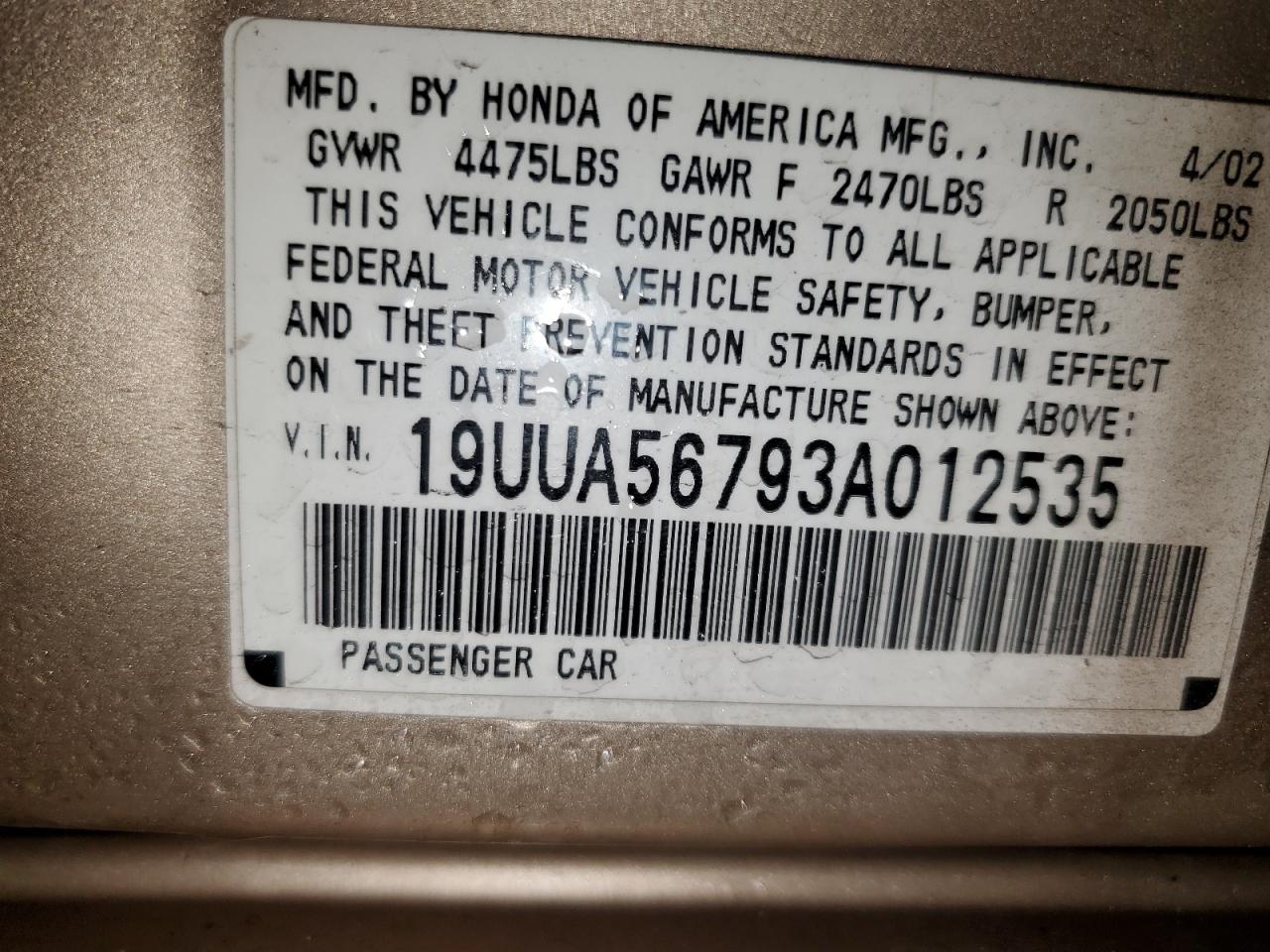 2003 Acura 3.2Tl VIN: 012535 Lot: 93784475