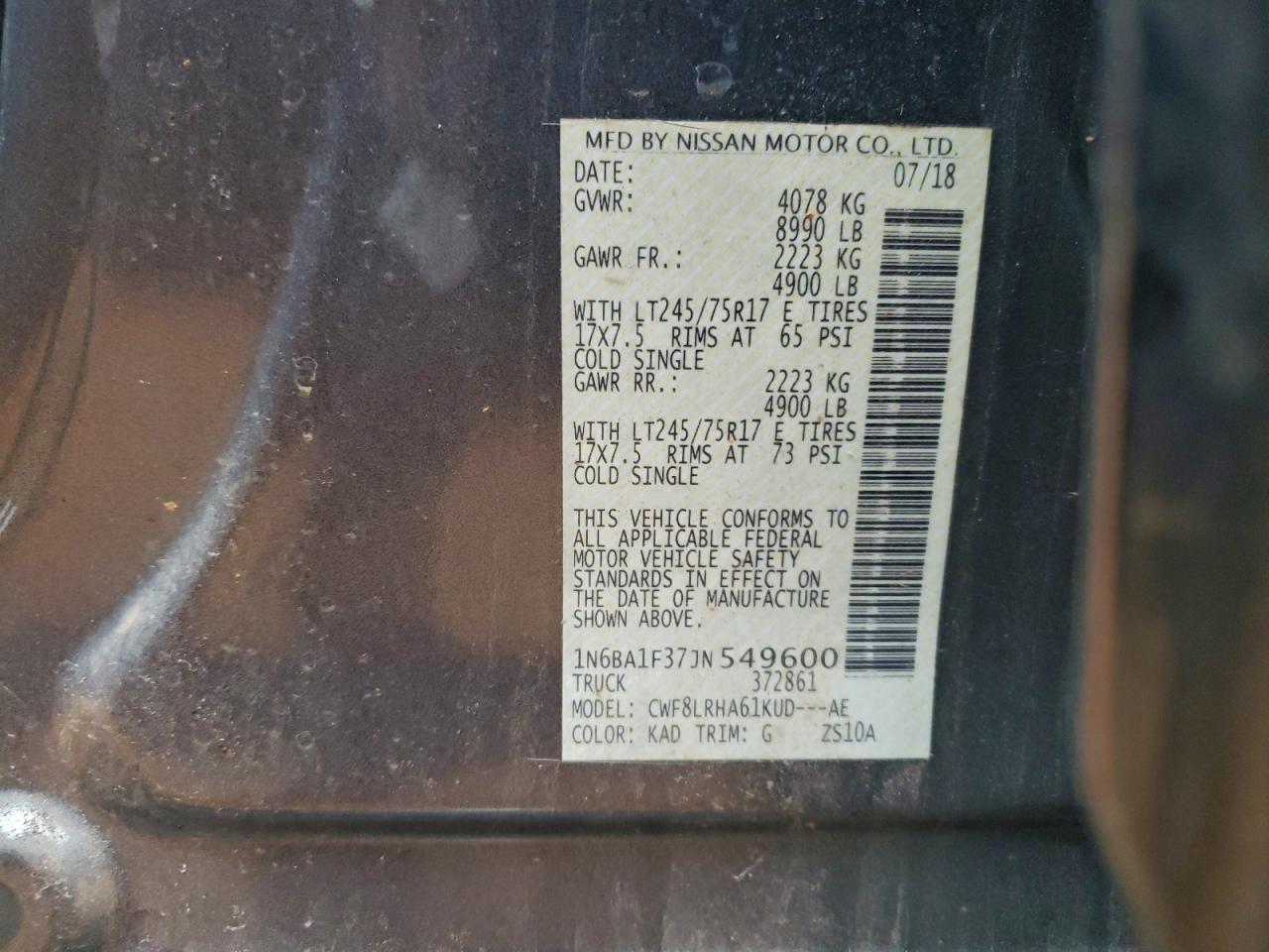 2018 Nissan Titan Xd S VIN: 1N6BA1F37JN549600 Lot: 92625895