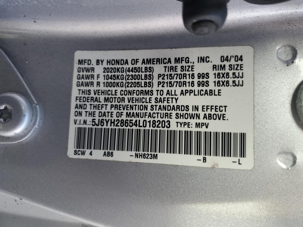 2004 Honda Element Ex VIN: 5J6YH28654L018203 Lot: 93429715