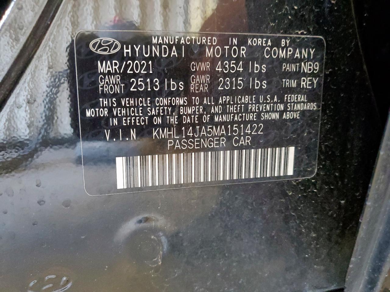 2021 Hyundai Sonata Sel VIN: KMHL14JA5MA151422 Lot: 92651425