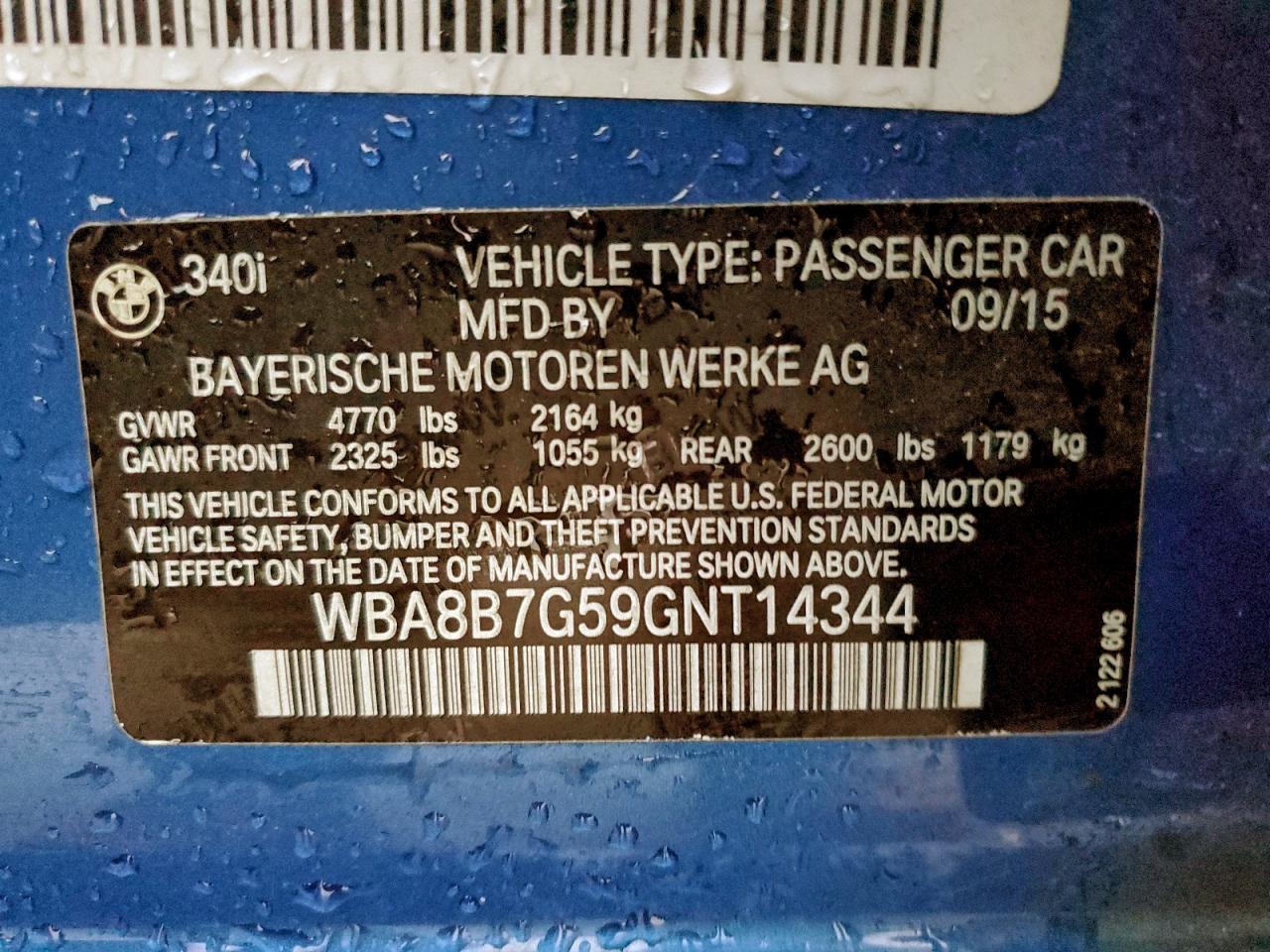 2016 BMW 340 Xi VIN: WBA8B7G59GNT14344 Lot: 93933335