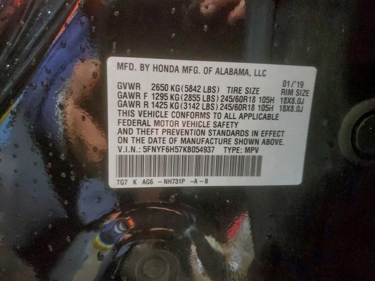 2019 Honda Pilot Exl VIN: 5FNYF6H57KB054937 Lot: 94188895