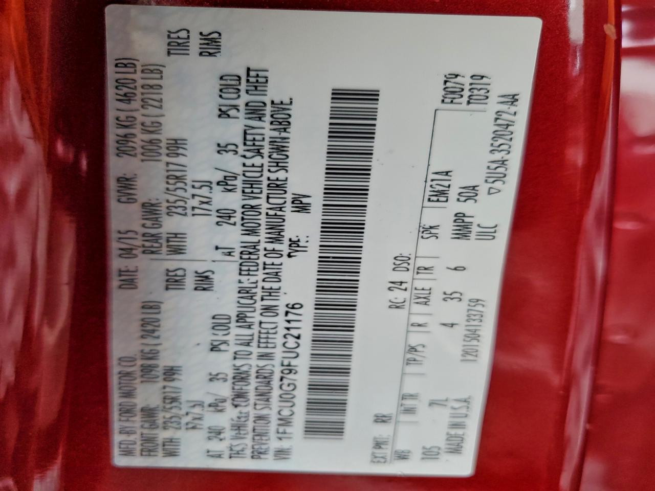 2015 Ford Escape Se VIN: 1FMCU0G79FUC21176 Lot: 93153215