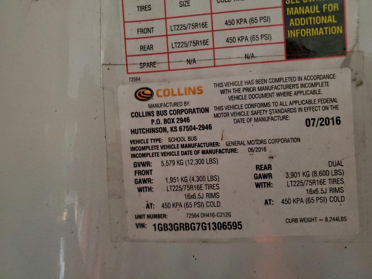 2016 Collins Bantam G3500 - School Bus VIN: 1GB3GRBG7G1306595 Lot: 87092175