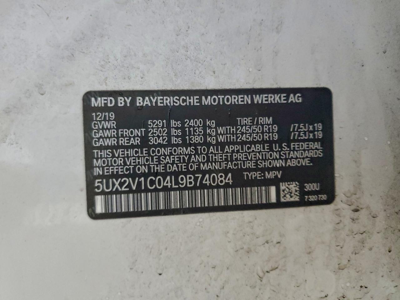 2020 BMW X4 xDrive30I VIN: 5UX2V1C04L9B74084 Lot: 94197525