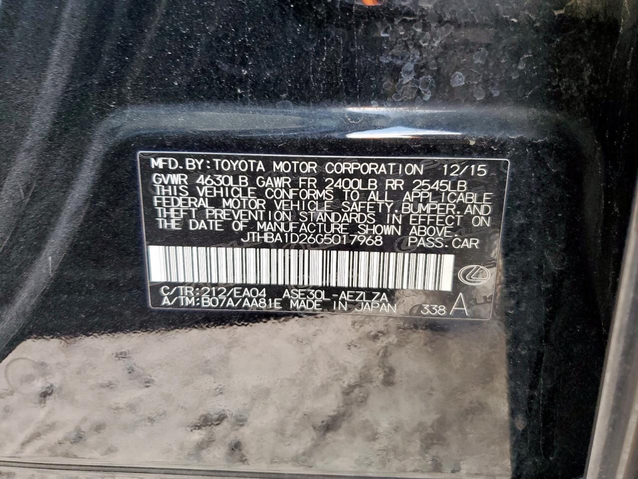 2016 Lexus Is 200T VIN: JTHBA1D26G5017968 Lot: 92577345