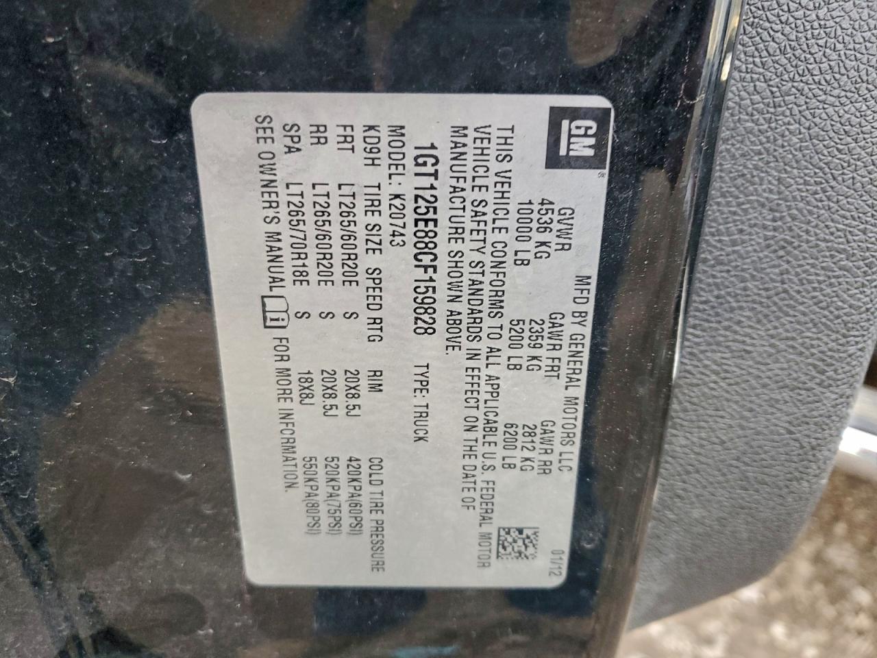 2012 GMC Sierra K2500 Denali VIN: 1GT125E88CF159828 Lot: 92805115