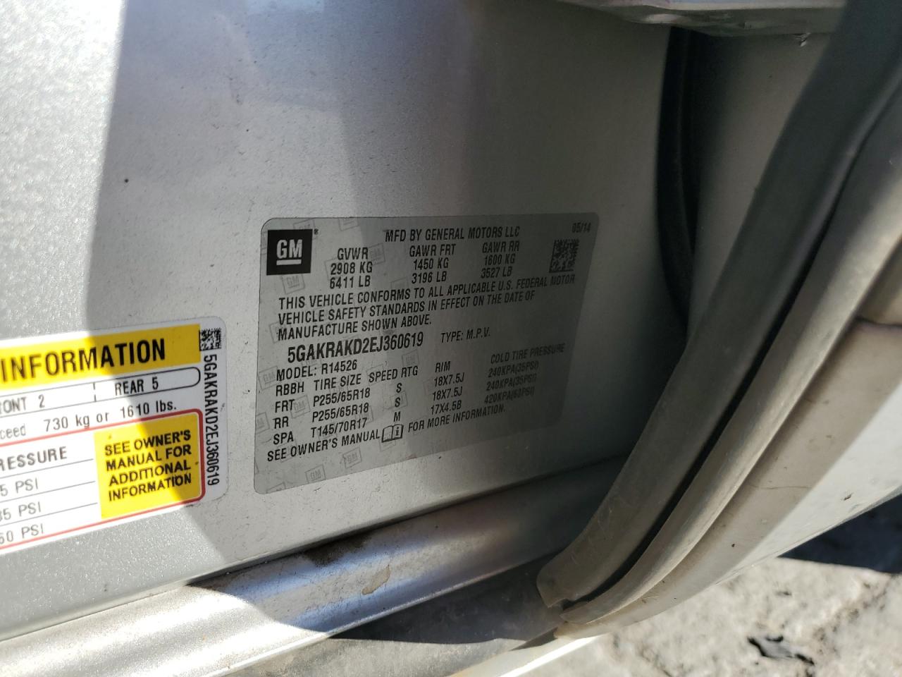 2014 Buick Enclave VIN: 5GAKRAKD2EJ360619 Lot: 90968595