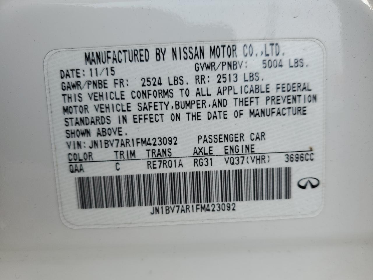 2015 Infiniti Q50 Base VIN: JN1BV7AR1FM423092 Lot: 92263245